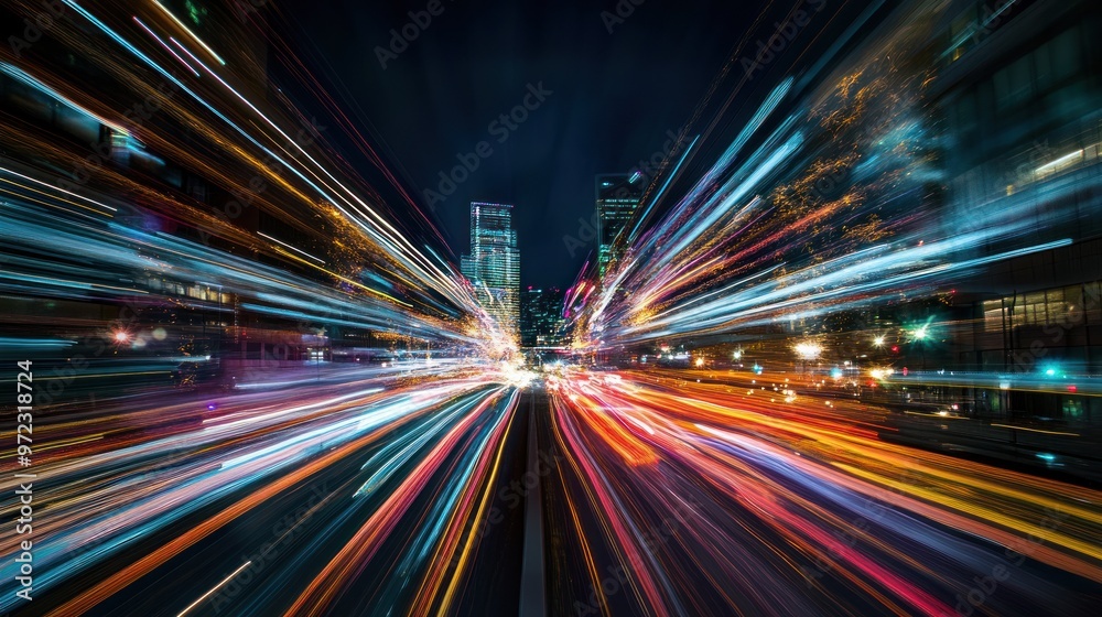 Obraz premium A vibrant night scene showcasing dynamic light trails in a cityscape.