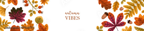 Autumn, long web banner design. Fall, panoramic background with leaves, fores...