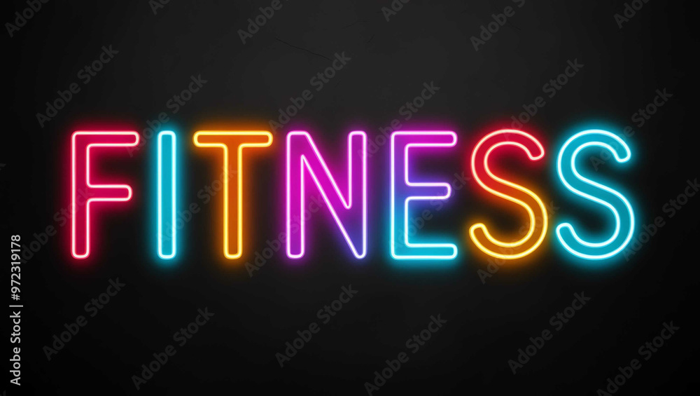 Fitness colorful neon lettering on plain black dark background Fitness colorful neon lettering on plain black dark background