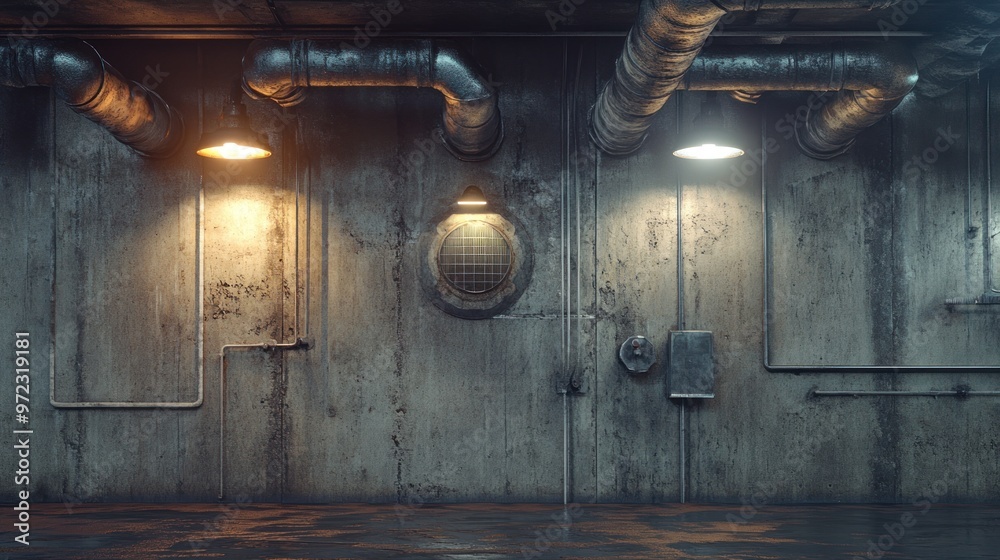 Industrial interior with pipes and lighting, creating a moody atmosphere. Industrial interior with pipes and lighting, creating a moody atmosphere.