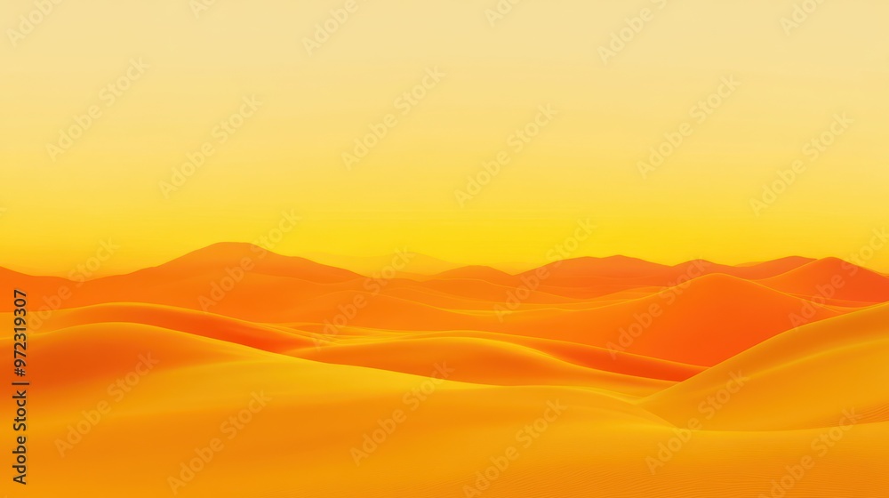 Serene desert landscape with rolling dunes bathed in warm yellow and orange tones during sunset. Serene desert landscape with rolling dunes bathed in warm yellow and orange tones during sunset.