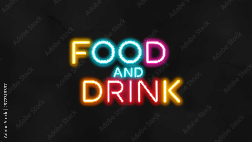 Food and Drink colorful neon lettering on plain black dark background Food and Drink colorful neon lettering on plain black dark background