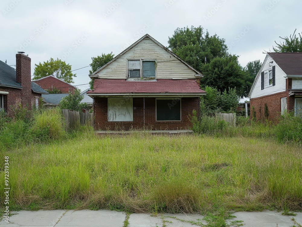Fototapeta premium A oncethriving neighborhood now with overgrown lawns and boardedup windows, real estate decline, foreclosure aftermath