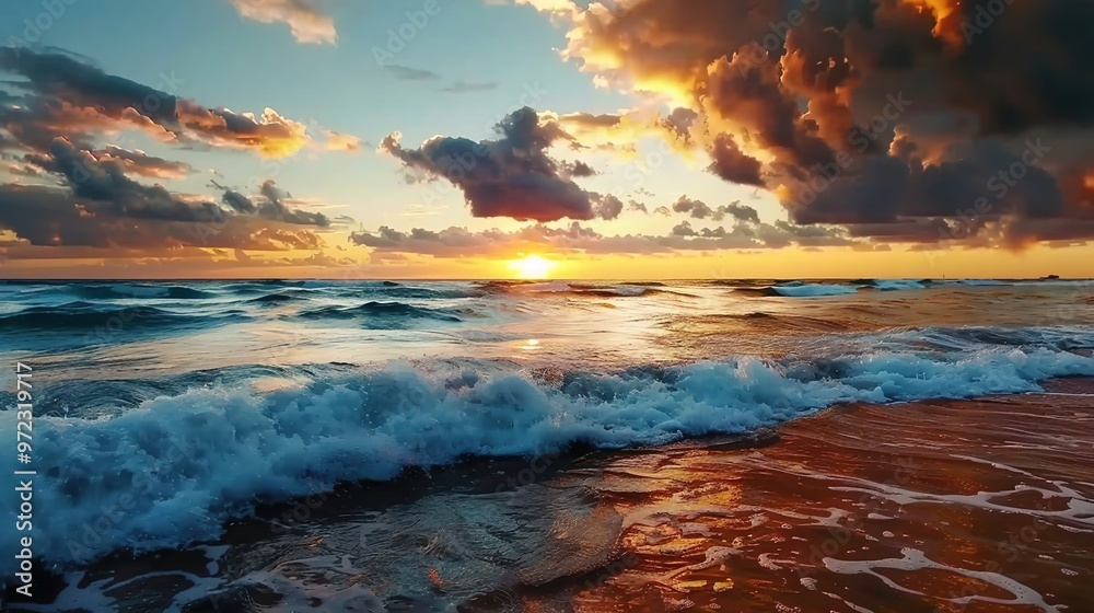 Sunset on a tropical beach with palm trees and gentle waves Studio beach landscape photography Summer vacation and travel concept Sunset on a tropical beach with palm trees and gentle waves Studio beach landscape photography Summer vacation and travel concept