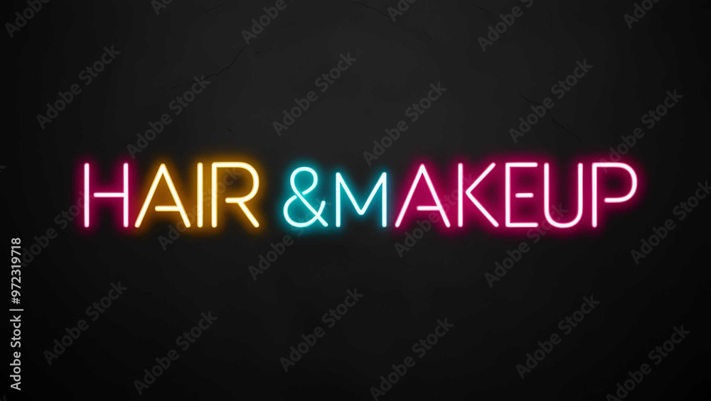 Hair and makeup colorful neon lettering on plain black dark background Hair and makeup colorful neon lettering on plain black dark background
