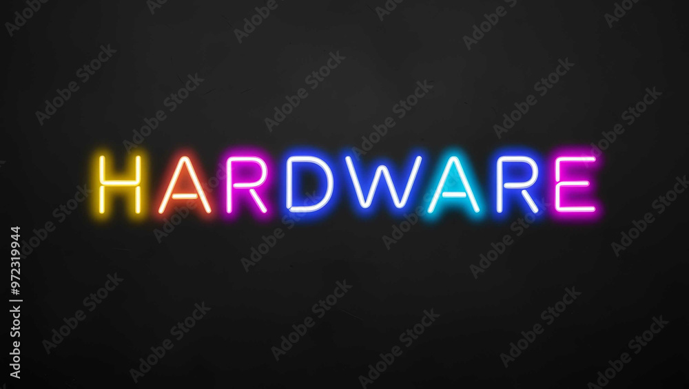 Hardware colorful neon lettering on plain black dark background Hardware colorful neon lettering on plain black dark background