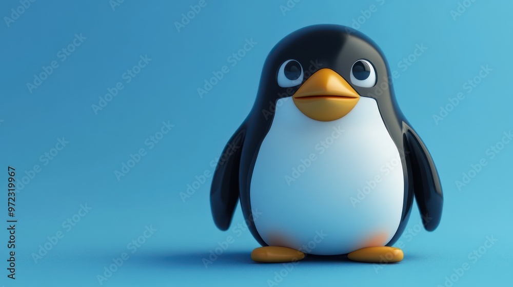 Fototapeta premium A cute cartoon penguin figurine with a big smile against a soft blue background.