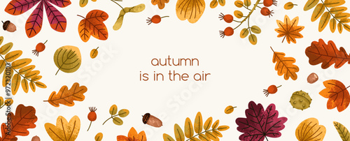 Fall background, leaf framed banner design. Autumn card with leaves, forest foliage, botanical elements pattern. Seasonal backdrop template with floral natural pattern. Flat vector illustration