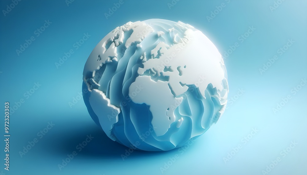 Minimalistic 3D world map on a soft blue gradient background. Simplified earth representation. Minimalistic 3D world map on a soft blue gradient background. Simplified earth representation.