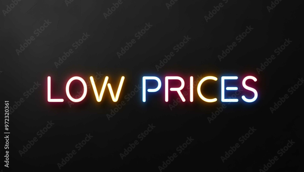 Low Prices colorful neon lettering on plain black dark background Low Prices colorful neon lettering on plain black dark background