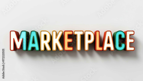 Marketplace word 3d colorful lettering on plain white background