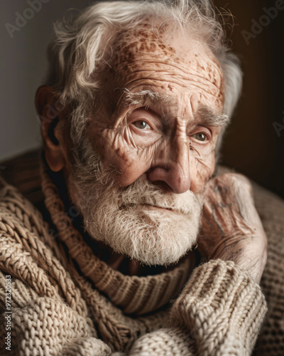 The Weight of Years: A portrait of a pensive elderly man, his weathered face telling a story of a life well-lived. The soft lighting and intimate framing convey a sense of wisdom, reflection, and quie