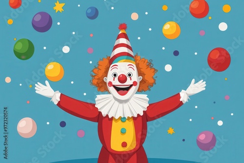 Colorful clown cartoon juggling balls with a joyful expression in a festive atmosphere, perfect for celebrations and fun themes.