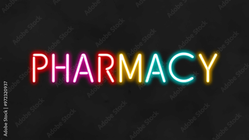 Pharmacy colorful neon lettering on plain black dark background Pharmacy colorful neon lettering on plain black dark background