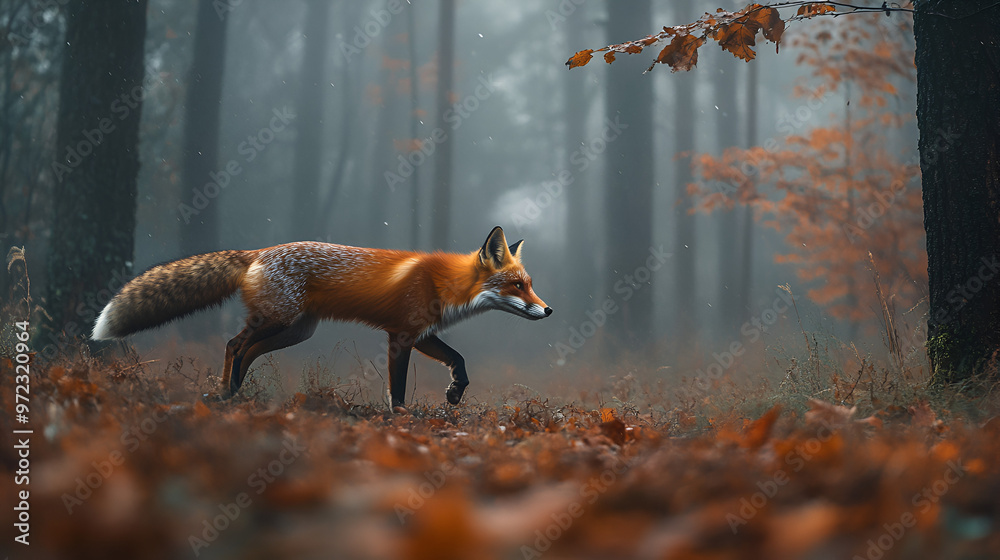 A sleek and agile fox darting through a misty autumn A sleek and agile fox darting through a misty autumn