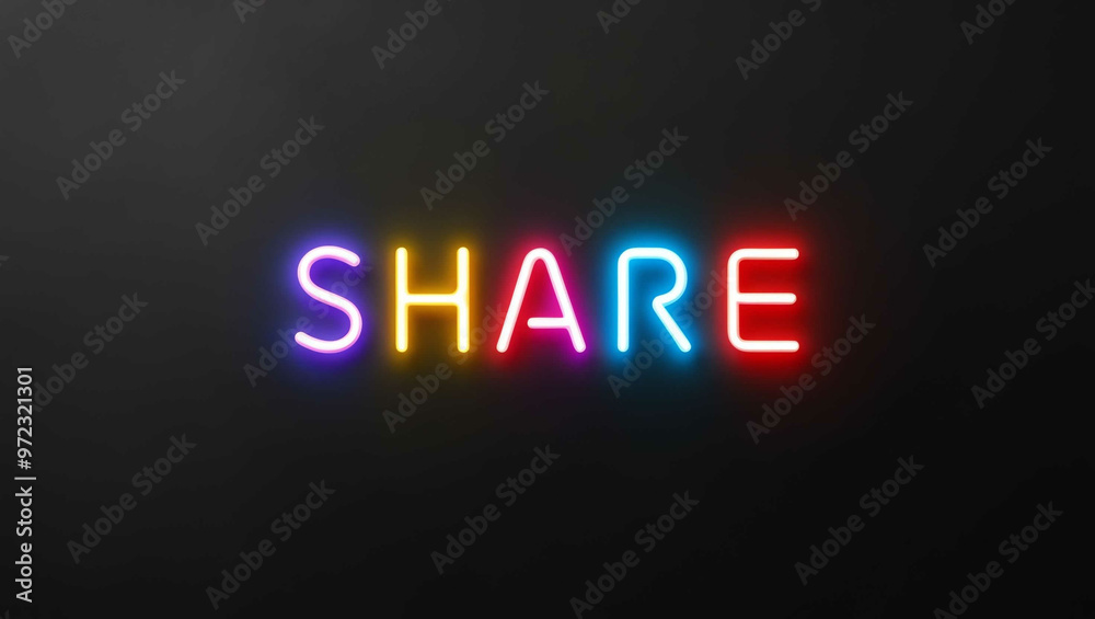 Share colorful neon lettering on plain black dark background Share colorful neon lettering on plain black dark background