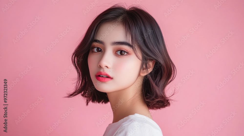 A young woman with short hair poses against a pink background, showcasing beauty and style. A young woman with short hair poses against a pink background, showcasing beauty and style.