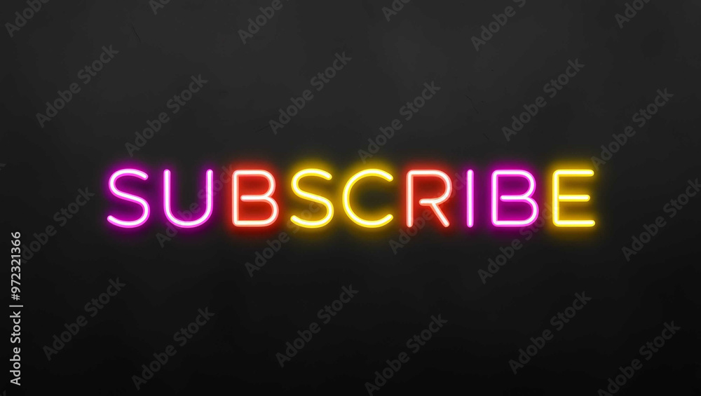 Subscribe colorful neon lettering on plain black dark background Subscribe colorful neon lettering on plain black dark background