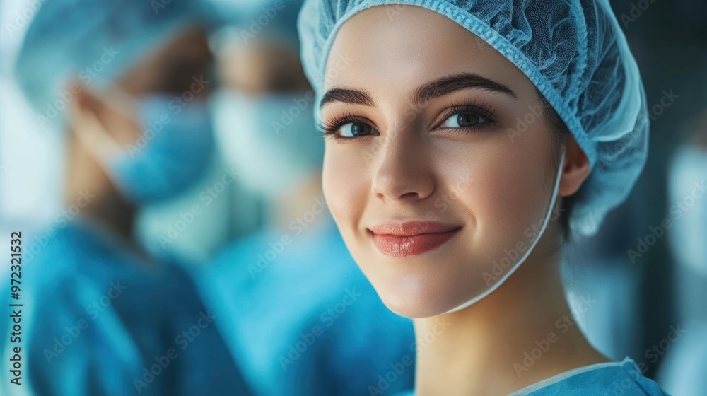 A smiling woman in medical attire, conveying professionalism and care in a healthcare setting.