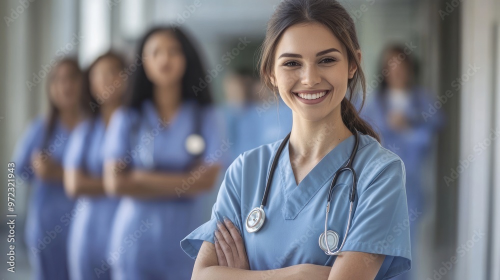 A smiling nurse in scrubs stands confidently with colleagues in the background. A smiling nurse in scrubs stands confidently with colleagues in the background.