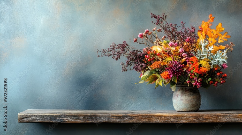 A vibrant autumn bouquet displayed on a rustic wooden shelf, set against a gray wall, perfect for a cozy seasonal scene. A vibrant autumn bouquet displayed on a rustic wooden shelf, set against a gray wall, perfect for a cozy seasonal scene.