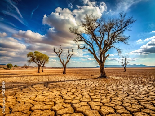 A barren, drought-stricken landscape stretches towards the horizon, with withered crops, cracked earth, and sparse photo