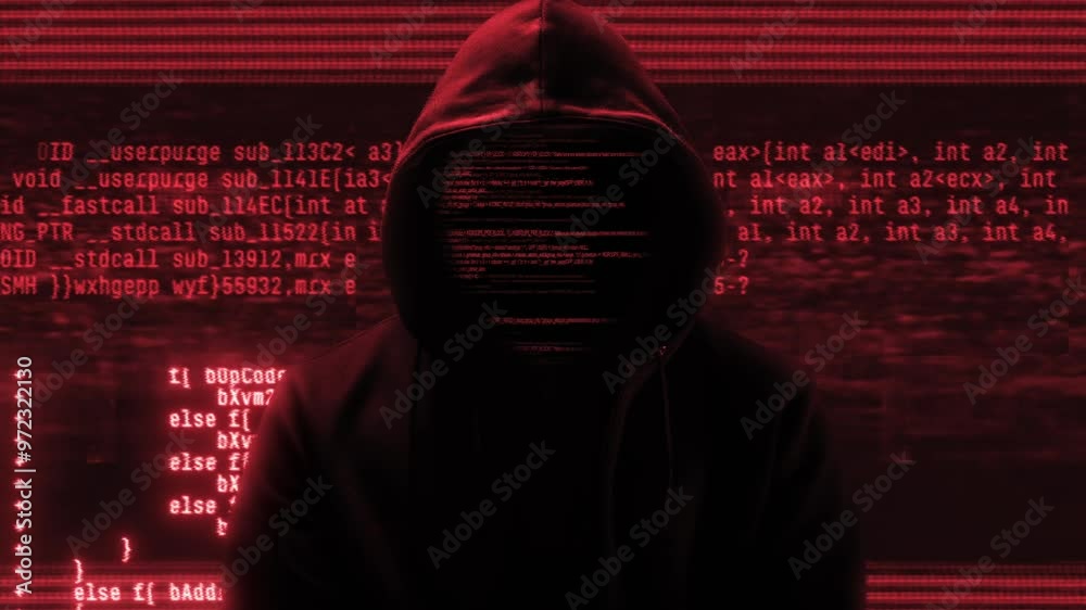 Hacker with hoodie and glitch face. Computer abstract digital code at the background. Dark web or darknet fraud. Cryptocurrency bitcoin mixer concept. Cybersecurity and social network data protection