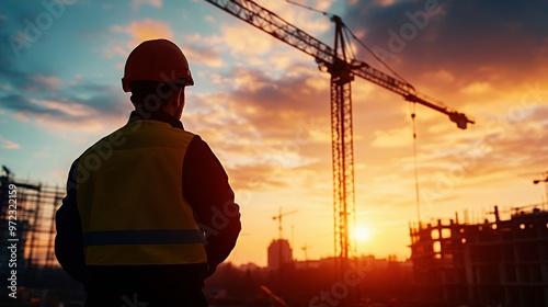 Construction worker in silhouette standing on a construction site looking at the sunset.