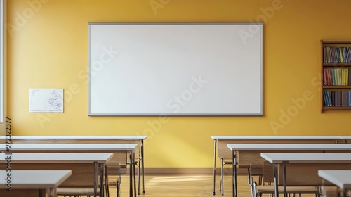 Empty Classroom with Whiteboard and Wooden Desks