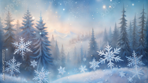 Enchanting winter forest scene with snowflakes and misty mountains at dawn