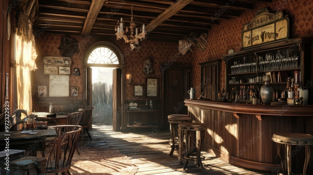 A rustic bar interior featuring wooden furniture, warm lighting, and vintage decor. A rustic bar interior featuring wooden furniture, warm lighting, and vintage decor.
