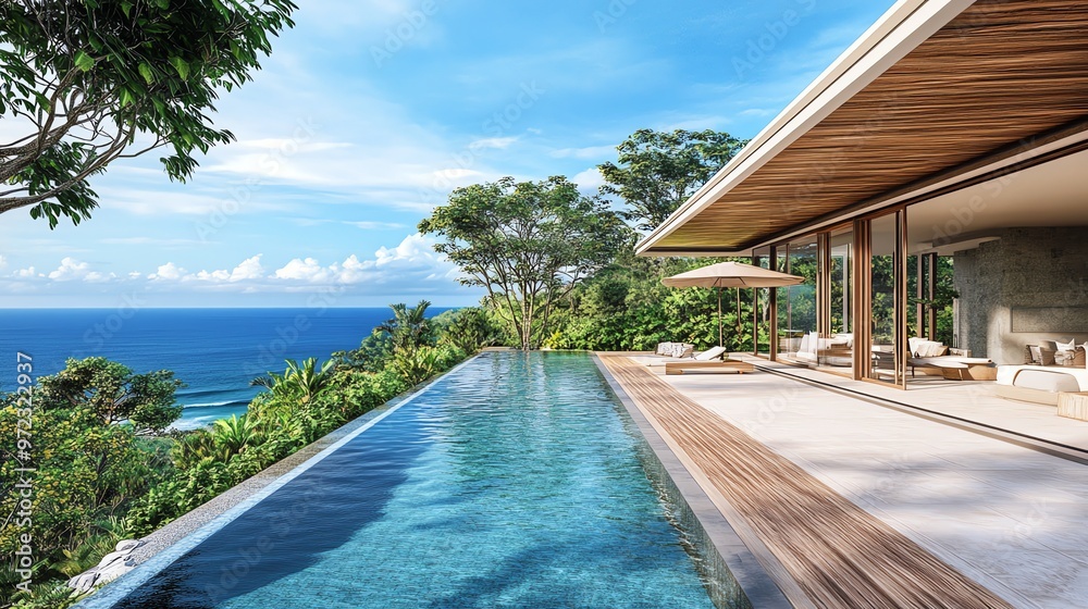 Fototapeta premium Luxurious villa with infinity pool overlooking the ocean.