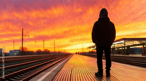 Person standing at a train station platform at dawn, ready to embark on a new adventure photo