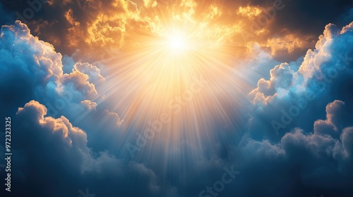 Bright sunlight breaking through the clouds, symbolizing hope and new beginnings photo