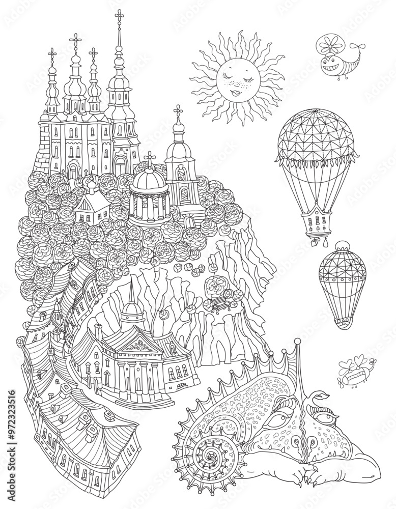 Obraz premium Vector fairy tale landscape, hand drawn monastery town, flying hot air balloons and dragon. Adults and Children Coloring Book page 