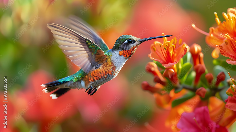 Naklejka premium Hummingbird in Flight with Orange Flowers - Realistic Photograph