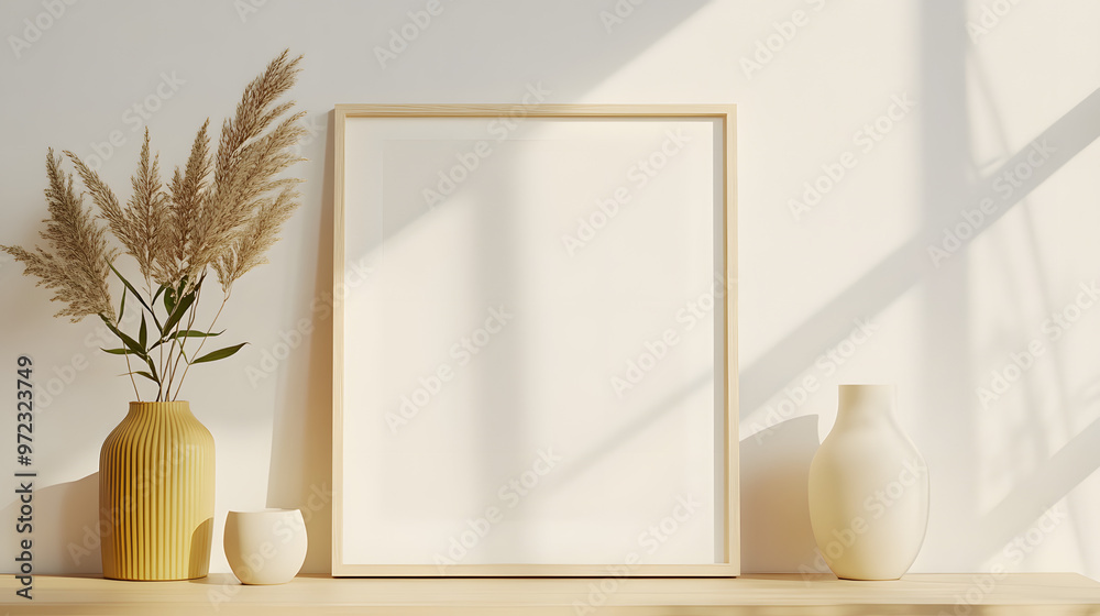 Fototapeta premium Mockup poster frame close up and accessories decor in cozy white interior background.