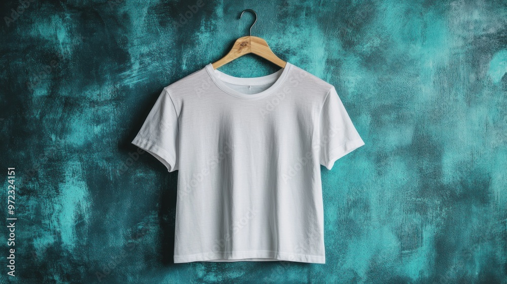 A plain white t-shirt hanging on a wooden hanger against a textured teal background. A plain white t-shirt hanging on a wooden hanger against a textured teal background.