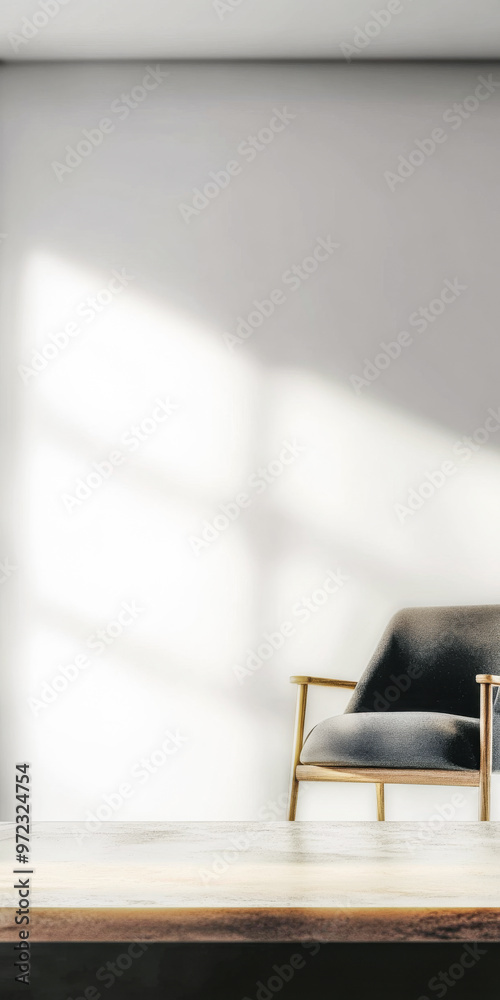 Obraz premium Modern empty room with a window providing natural lighting whilst casting shadows and minimal furniture. Minimalist interior design composition with copyspace.