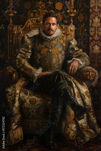 man in a royal costume sits in a chair