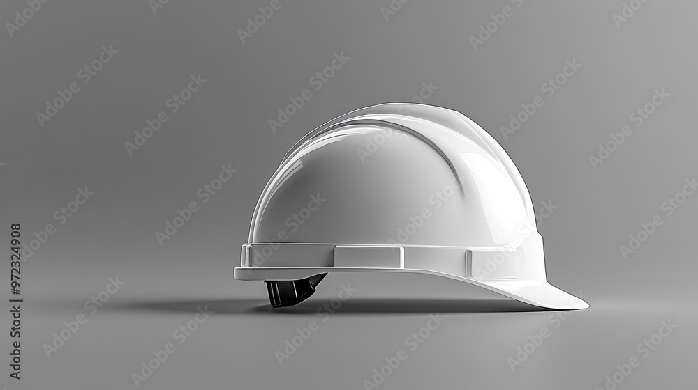 A sleek white hard hat is displayed from a side perspective on a simple gray background, perfect for construction or industrial-themed stock photography A sleek white hard hat is displayed from a side perspective on a simple gray background, perfect for construction or industrial-themed stock photography