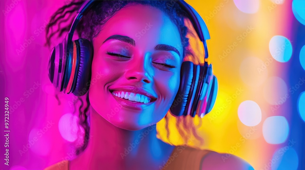 custom made wallpaper toronto digitalBright and upbeat woman with cyberpunk headphones, showing joy while listening to music, with a futuristic, neon-infused background