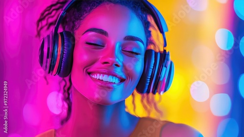 Wallpaper Mural Bright and upbeat woman with cyberpunk headphones, showing joy while listening to music, with a futuristic, neon-infused background Torontodigital.ca