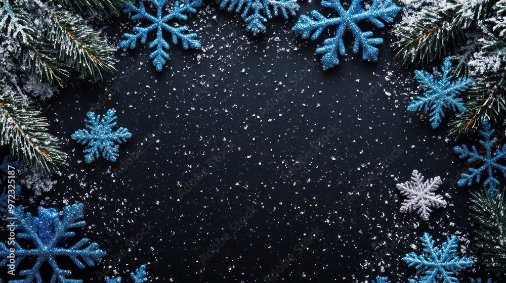 A winter-themed arrangement with snowflakes and pine branches on a dark background. A winter-themed arrangement with snowflakes and pine branches on a dark background.