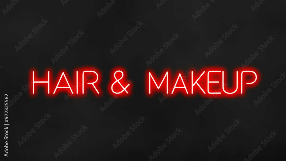 Hair and makeup red neon lettering on plain black dark background Hair and makeup red neon lettering on plain black dark background