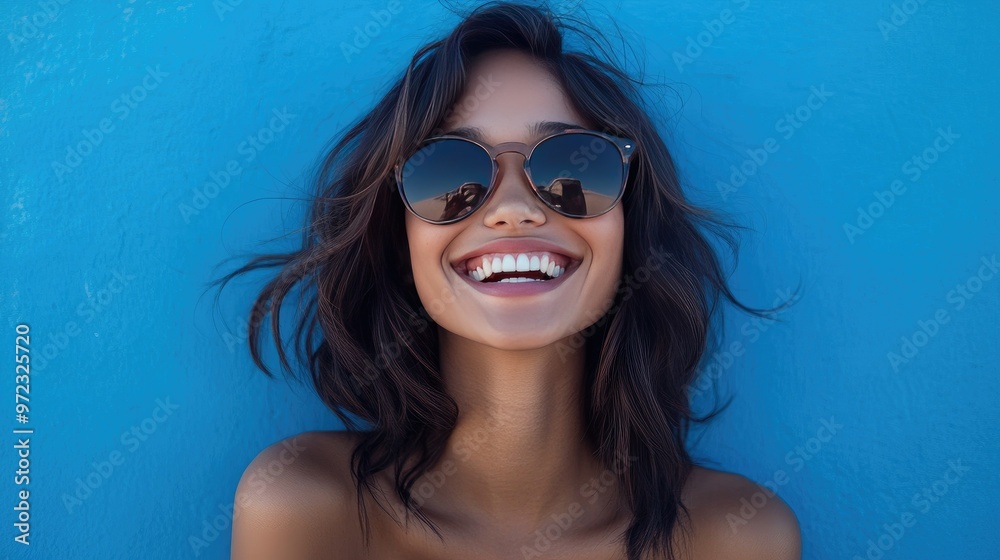 Chic young woman wearing sunglasses, beaming with happiness against a striking blue background that enhances her modern look Chic young woman wearing sunglasses, beaming with happiness against a striking blue background that enhances her modern look