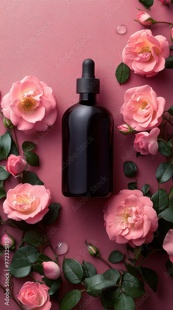 black glass dropper bottle for medical and cosmetic use and pink roses on a pink background black glass dropper bottle for medical and cosmetic use and pink roses on a pink background