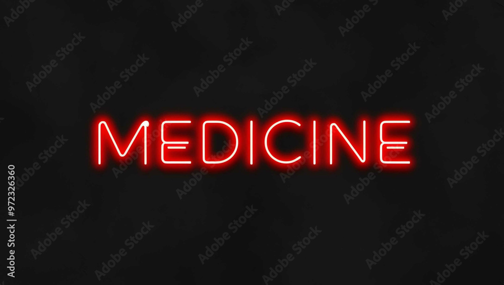 Medicine red neon lettering on plain black dark background Medicine red neon lettering on plain black dark background