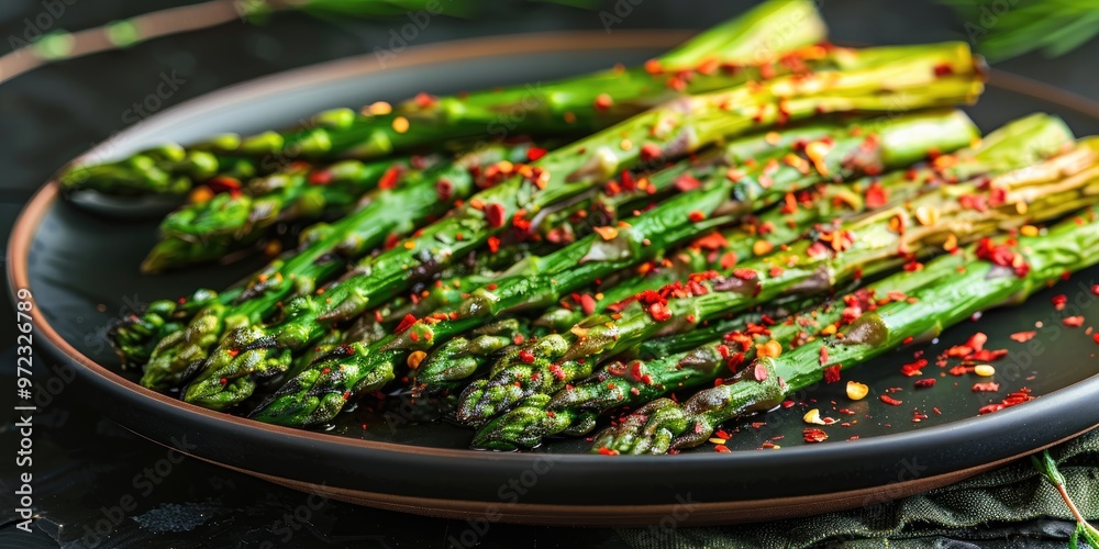Close-up view of roasted asparagus sprinkled with red pepper flakes on a plate