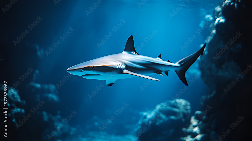 Naklejka premium A sleek shark patrolling the deep blue ocean depth